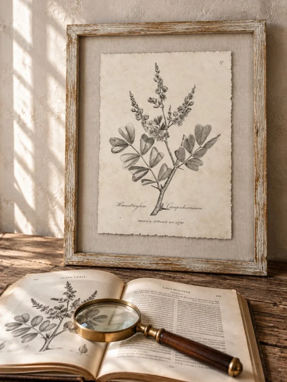 Vintage Framed Haematoxylum Campechianu Botanical Sepia Print Medical Botany Art